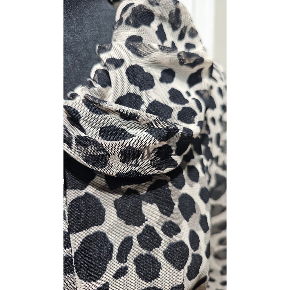 Damee Blouse Top Women Large Gray Leopard Mesh Ruffle Collar‎ Balloon Hem Sleeve - Picture 9 of 10